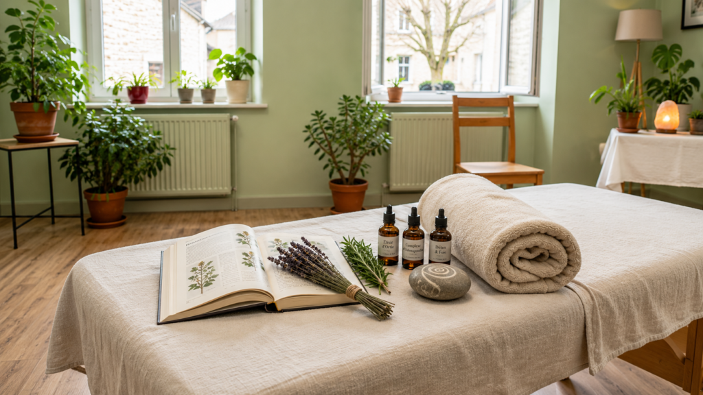 Consultation en naturopathie holistique et flacons d'huiles de soin à Chevannes